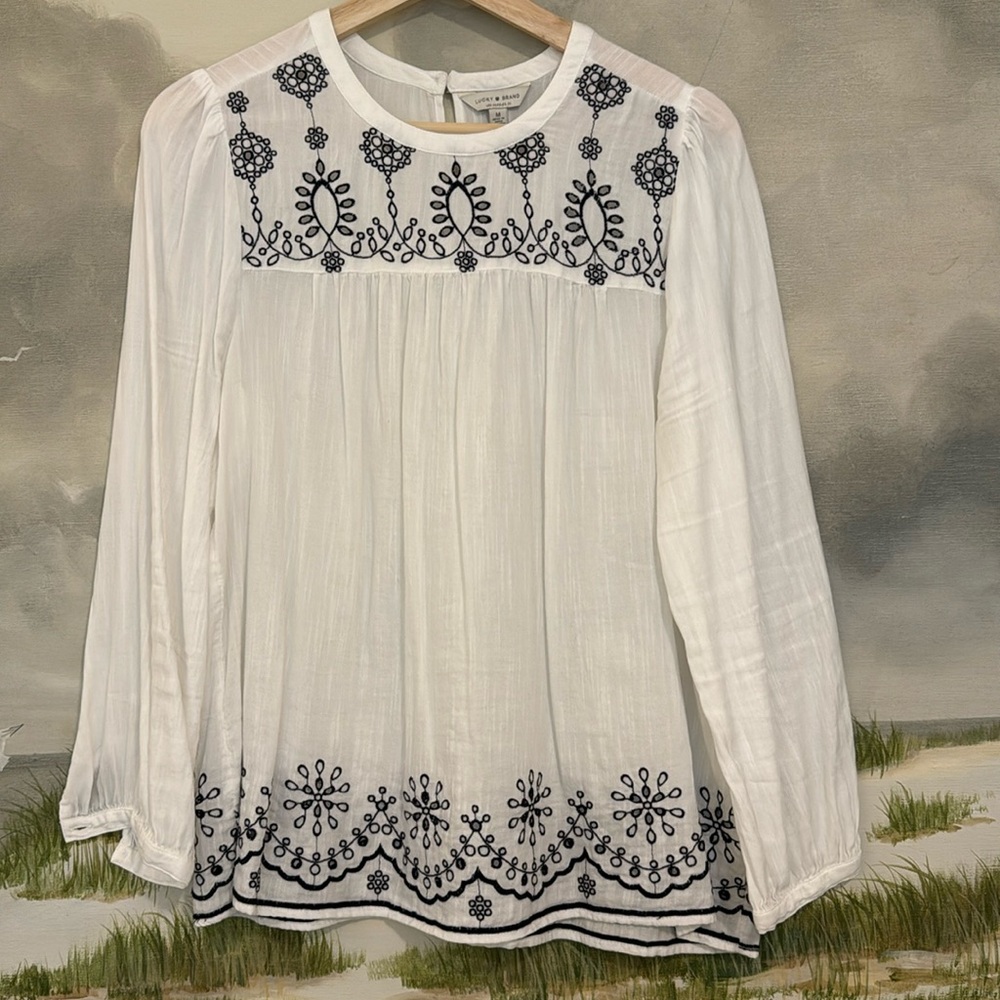 Lucky Brand Blouse, White Flowy with Navy Detail | Size M